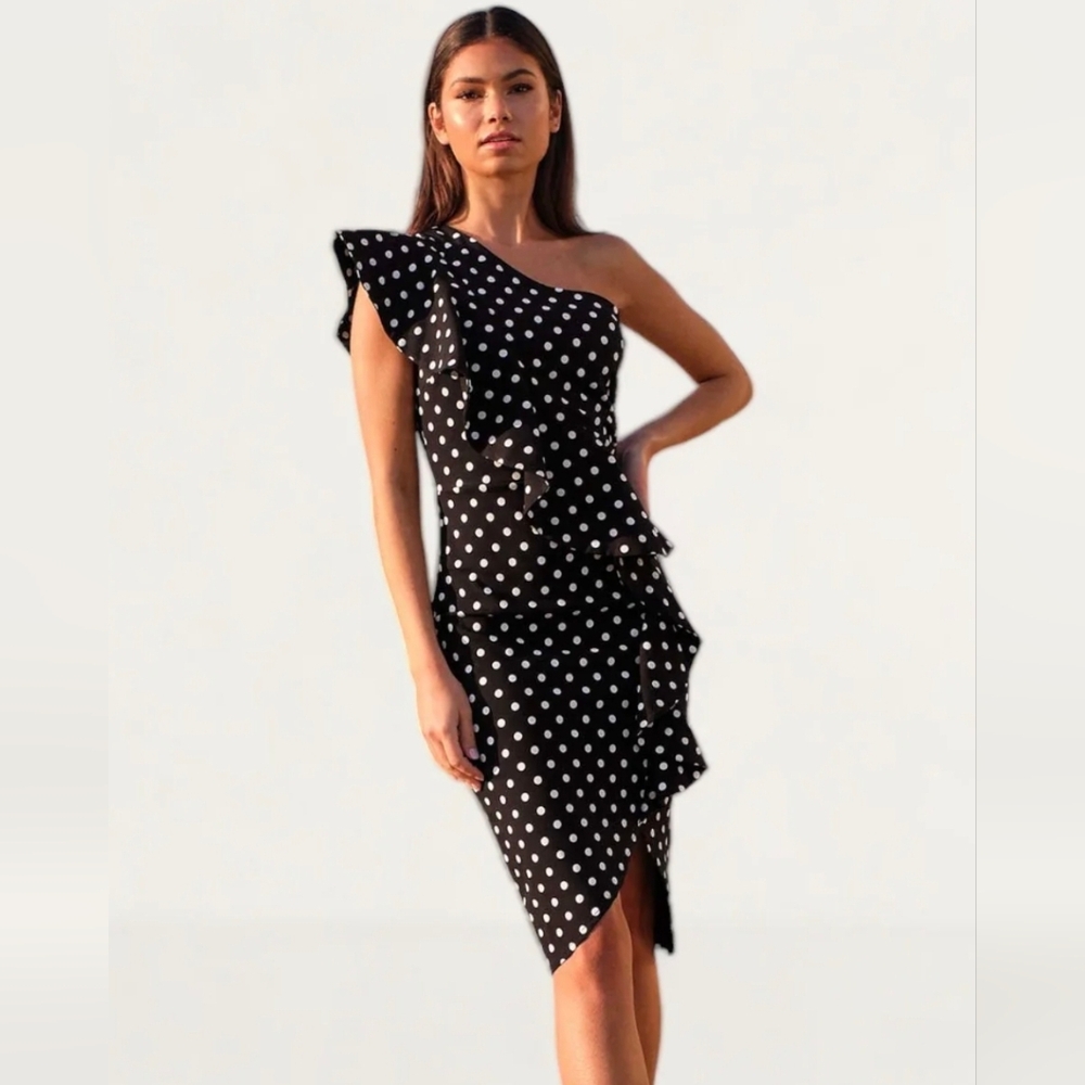 Lipsy Polka Dot One Shoulder Dress With Ruffle